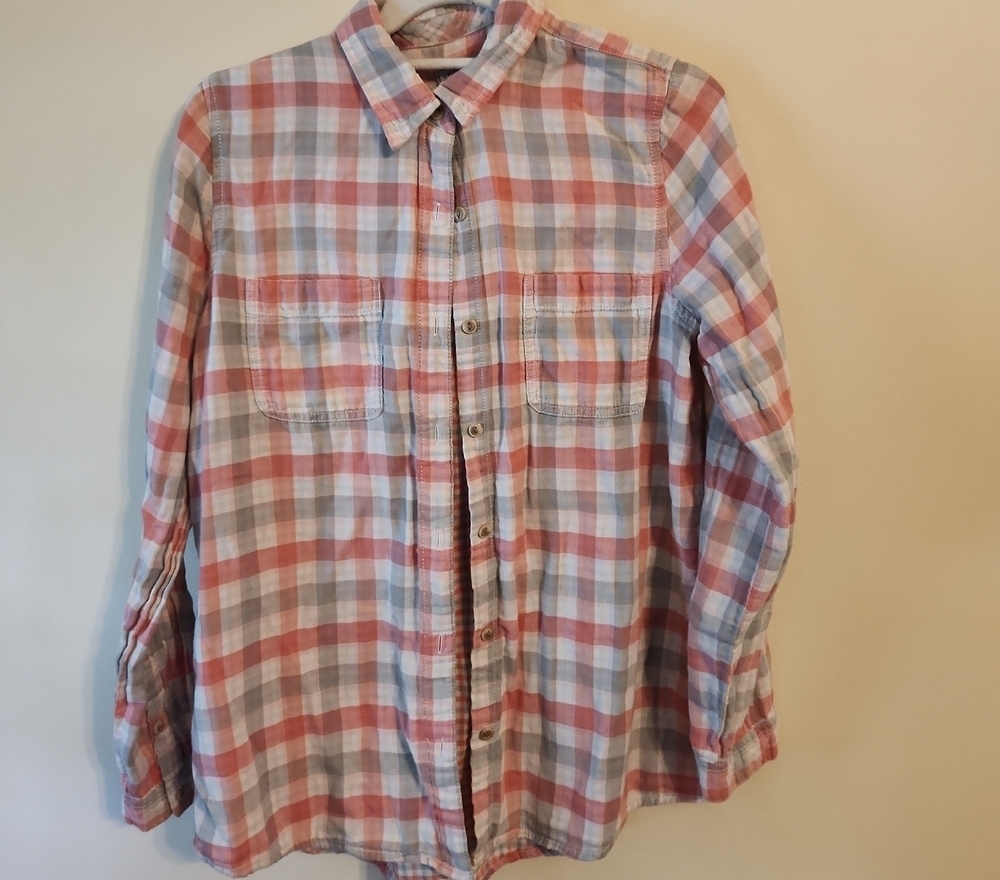 G.H. Bass & Co. Women's Plaid Shirt in Coral, Gray, and White